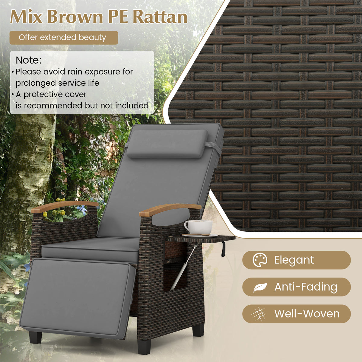 Patio Rattan Lounge Chair Recliner with Adjustable Footrest and Side Table-Grey