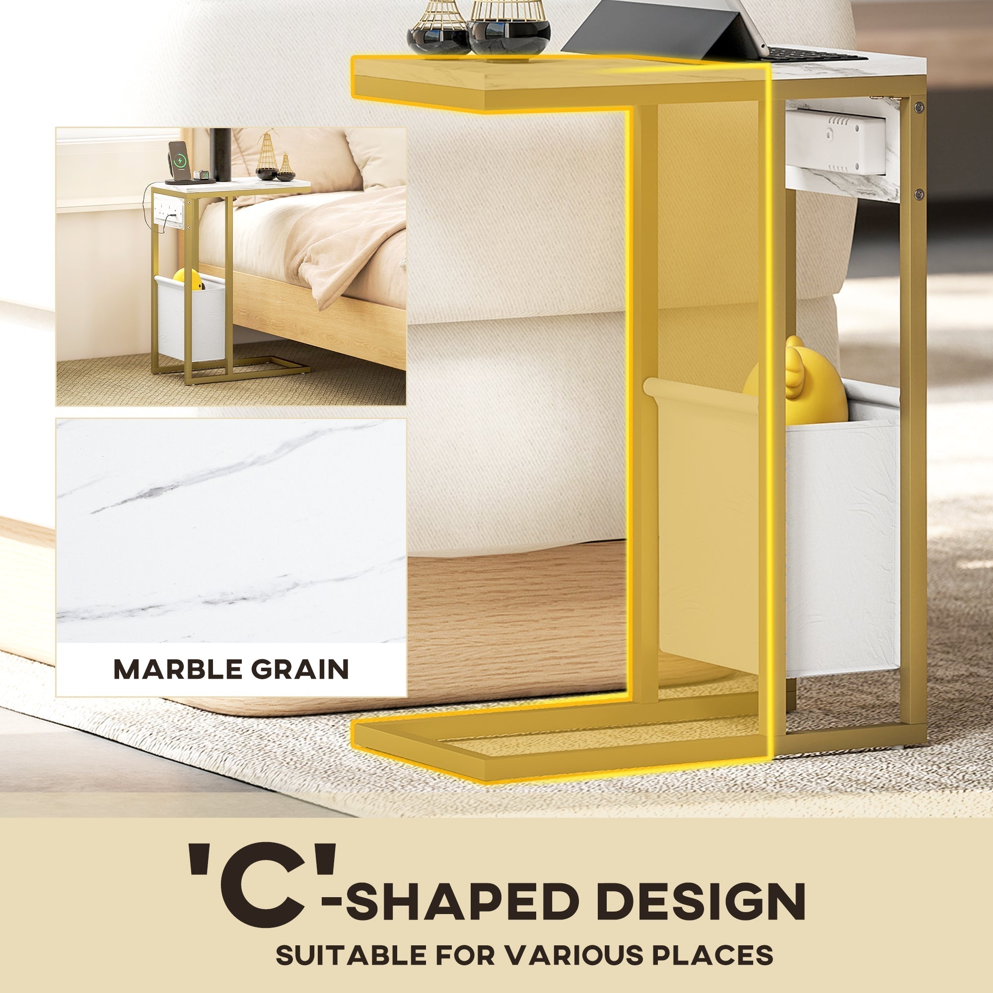 HOMCOM C Shaped Side Table with Charging Station and Faux Marble Top - White