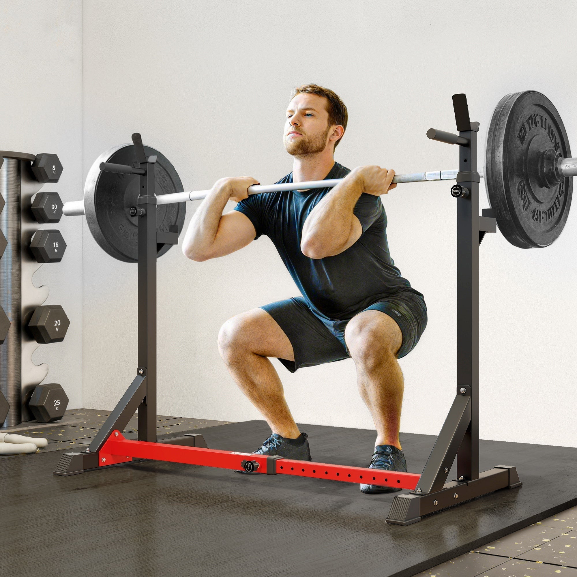 HOMCOM Barbell Rack, Width and Height Adjustable Dip Stand, Bench Press Rack for Home Gym Weight Lifting Fitness Workout, Max Load 150kg