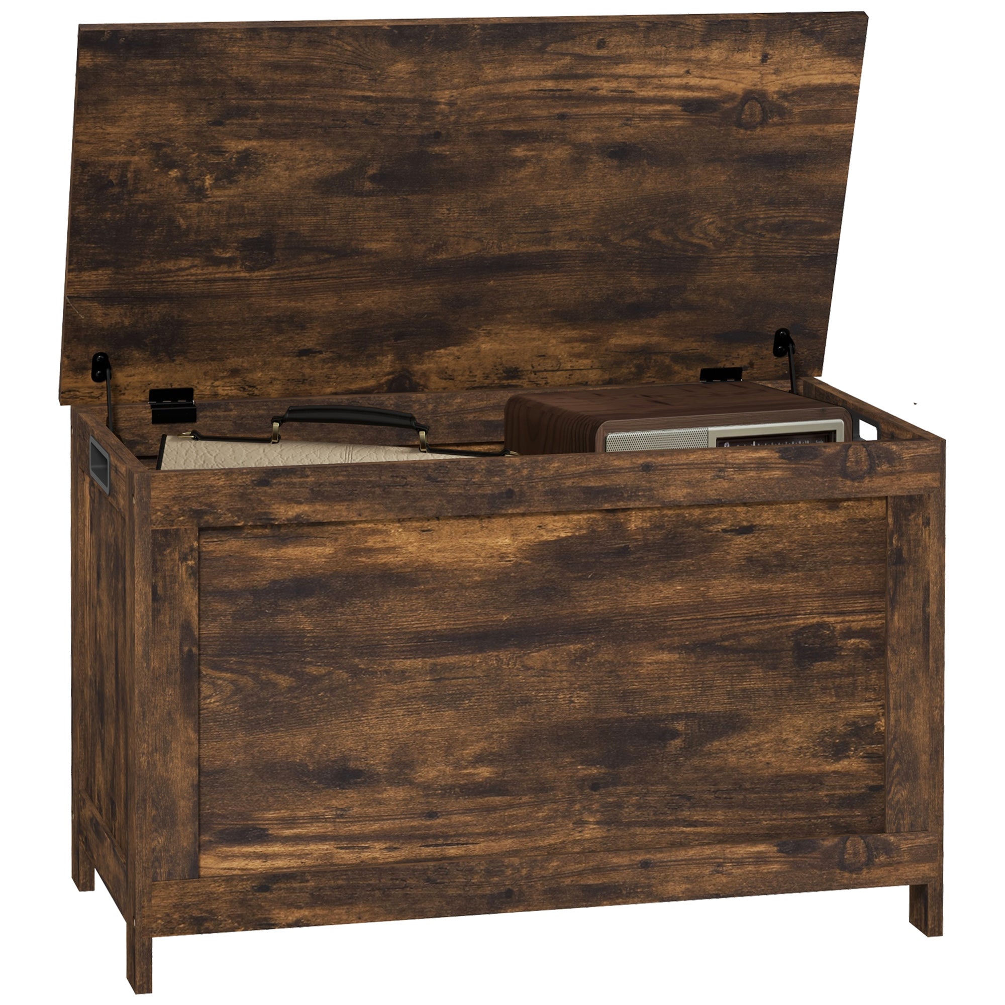 HOMCOM Storage Chest, Modern Storage Trunk with 2 Safety Hinges and Cut-out Handles, Wooden Toy Box for Living Room, Entryway, 76 x 40 x 48 cm, Rustic Brown
