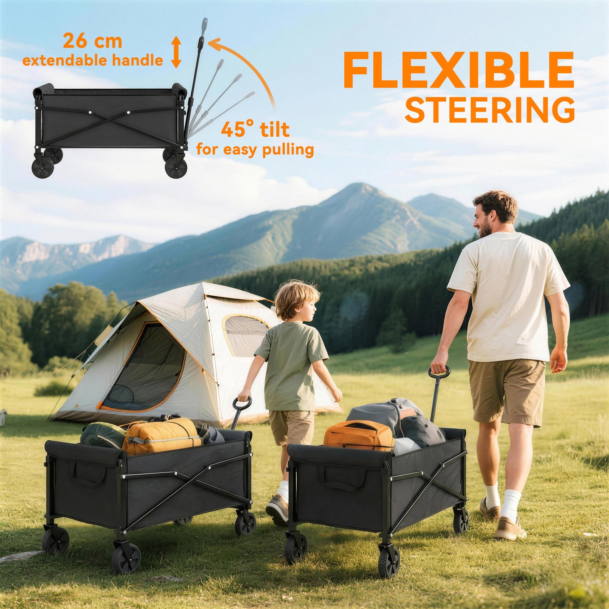 Outsunny 81L Festival Trolley on Wheels, Compact Garden Folding Trolley Cart with Adjustable Handle 80L Black