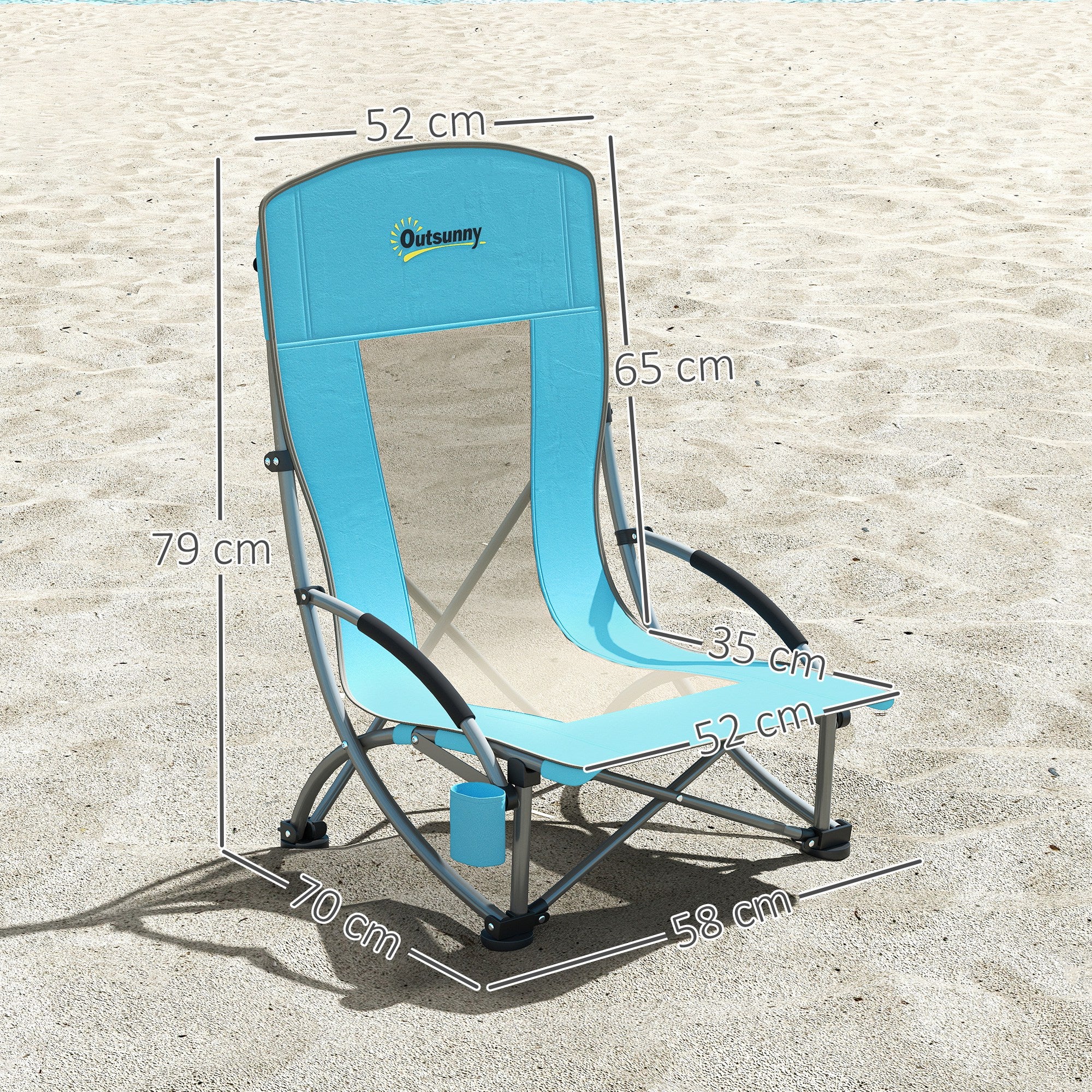 Outsunny Set of 2 Folding Beach Chair, Low Camping Chair with Mesh Back, Carry Bag and Cup Holder for Garden Outdoor Picnic Festival Travel, Blue