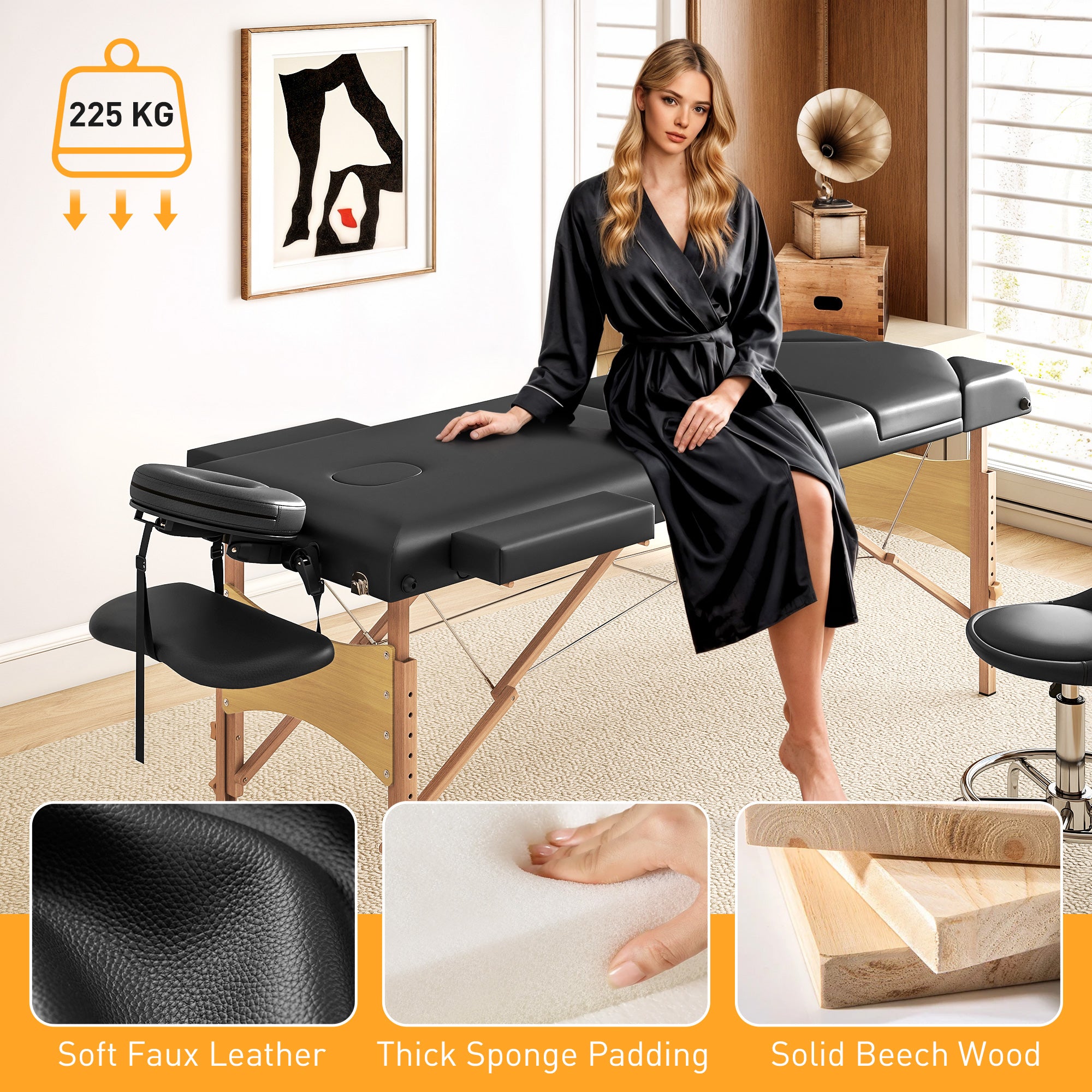 HOMCOM Foldable Massage Table with Beech Wood Legs - Black