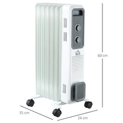 HOMCOM 1500W Oil Filled Radiator, Portable Electric Heater with 3 Heat Settings, Safety Cut-Off and Wheels, White