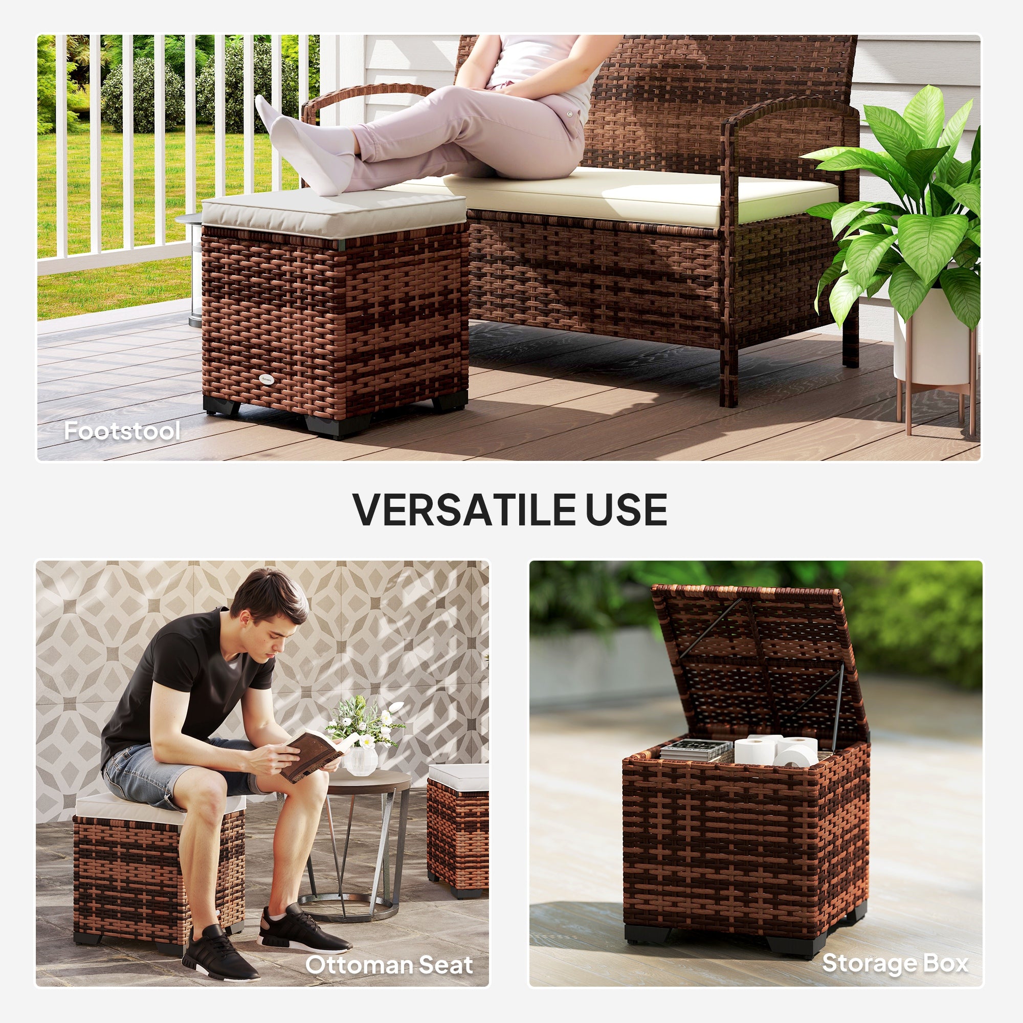 Outsunny Set of 2 Rattan Storage Ottoman, Outdoor Footstool with Removable Cushions, Garden Storage Seat for Balcony, Porch, Living Room, Beige