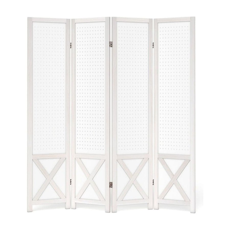 4-Panel Pegboard Room Divider with Solid Wood Frame and Metal Hinges
