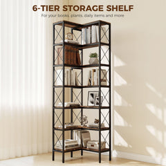 HOMCOM 6-Tier L-Shaped Bookshelf, Freestanding Corner Bookcase with Metal Frame, Rustic Brown