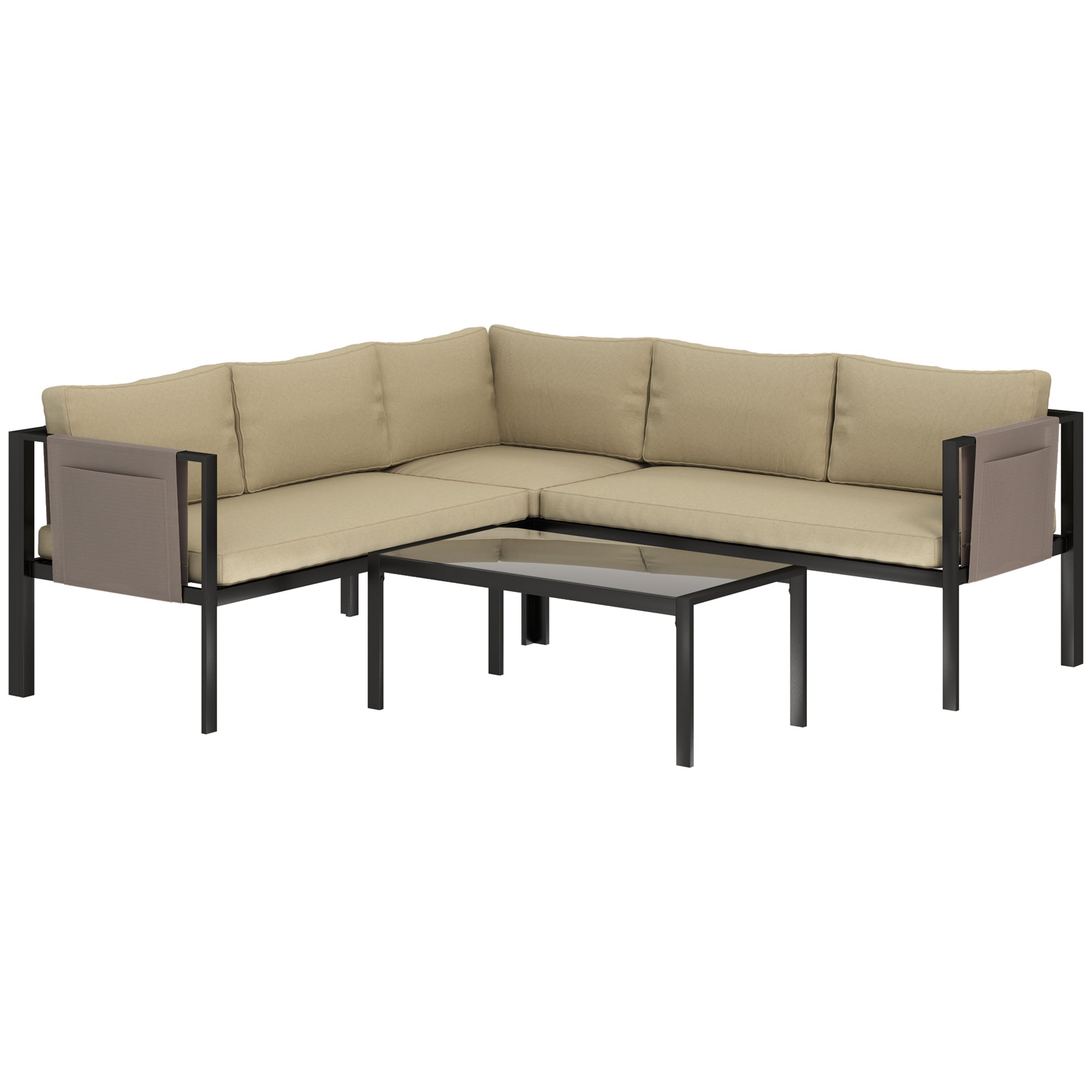 Outsunny 5 Seater Garden Corner Sofa Set, 4 Pieces Metal Garden Furniture Set with Loveseats, Glass Top Coffee Table, Breathable Mesh Pocket, Outdoor Conversation Furniture with Cushions, Khaki