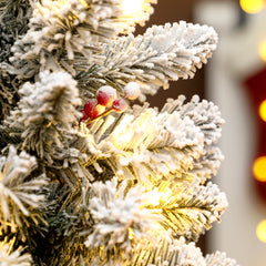 HOMCOM 60 cm Prelit Small Christmas Tree with 35 LED Lights, Snow Flocked Tabletop Mini Xmas Tree with 72 Dense Branches, Pine Cones, Berry Clusters and Linen Cover Base, Battery Operated, Green