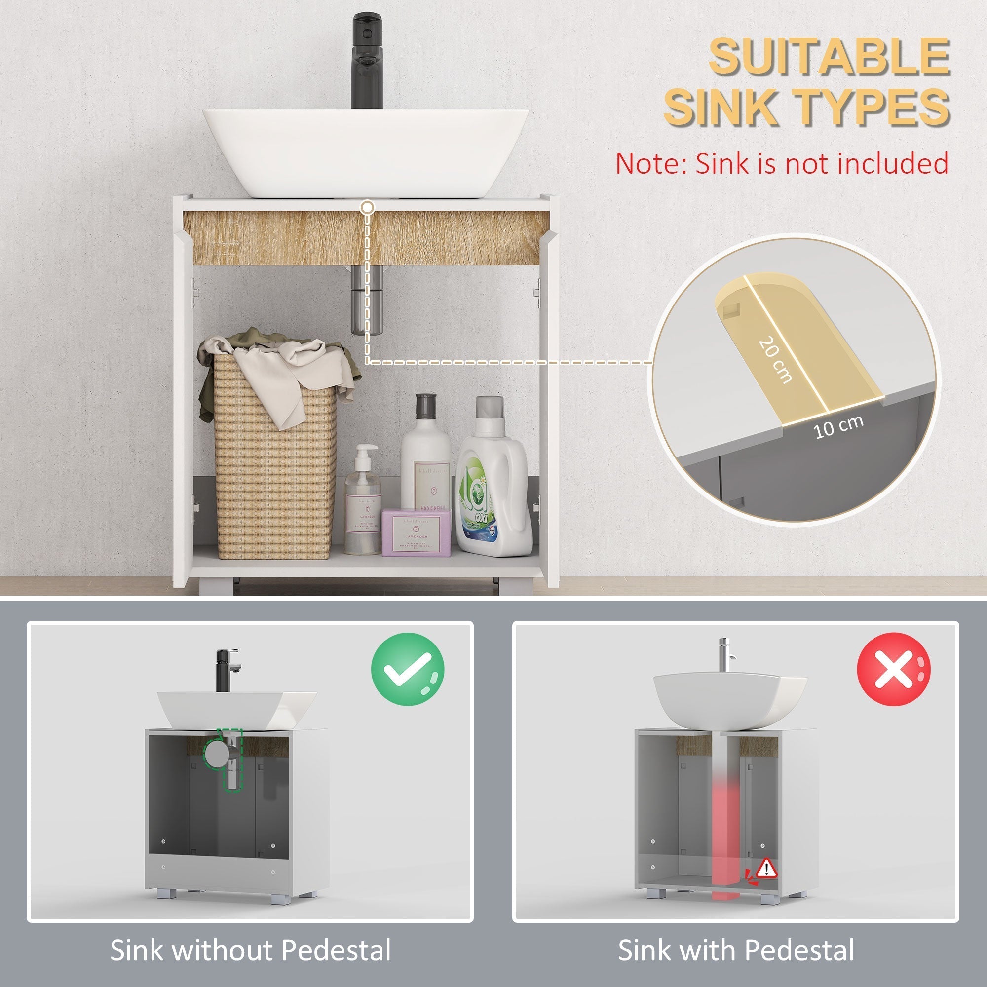 kleankin Modern Bathroom Sink Cabinet, Floor Standing Under Sink Cabinet, Freestanding Storage Cupboard with Double Doors, White