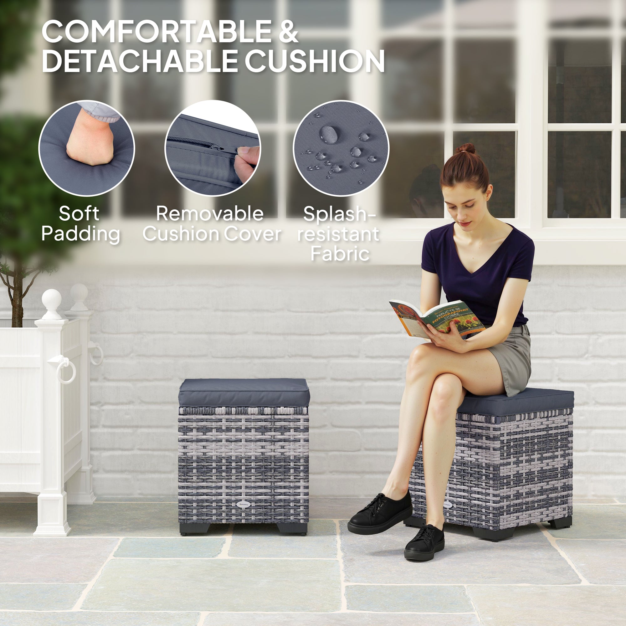 Outsunny Set of 2 Rattan Storage Ottoman, Outdoor Footstool with Removable Cushions, Garden Storage Seat for Balcony, Porch, Living Room, Dark Grey