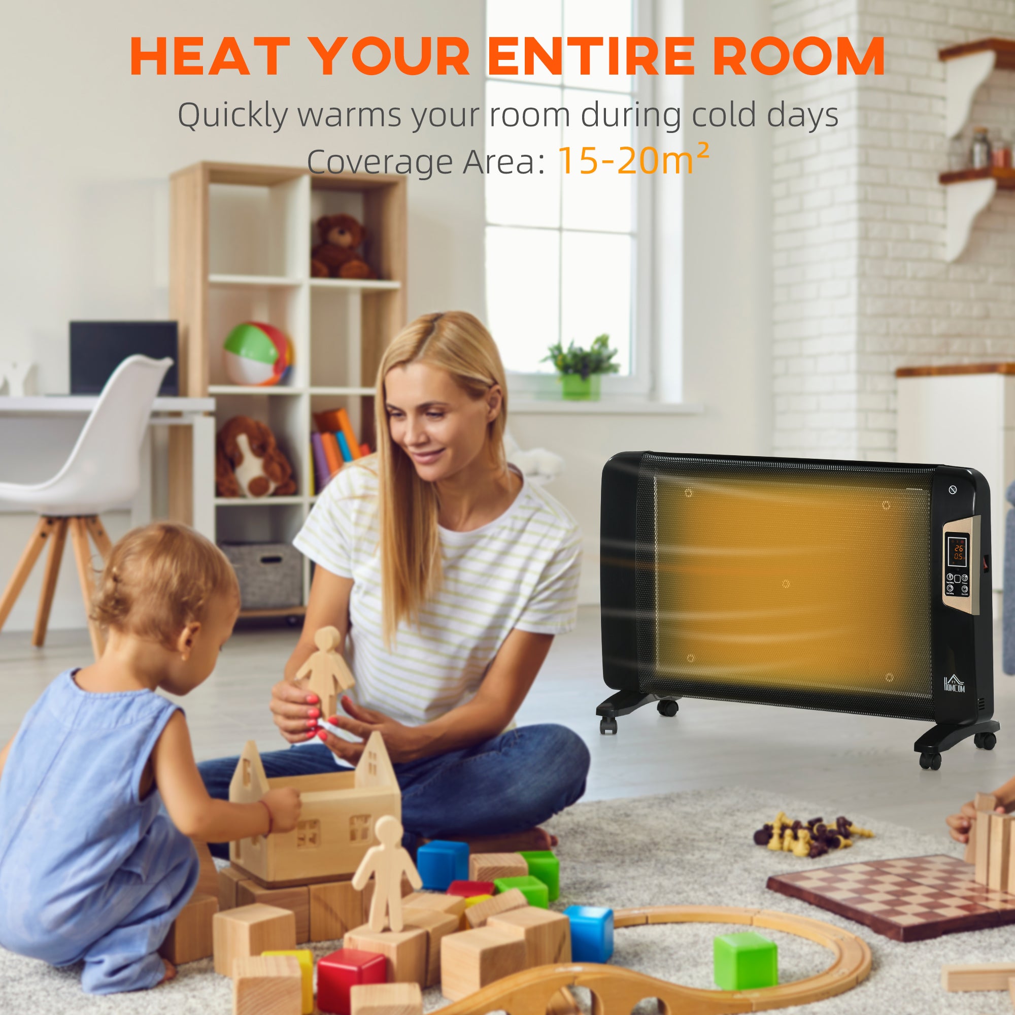HOMCOM Mica Electric Space Heater, Portable Heater for Home with 2 Heat Settings, Living Room, Study, Garage, Adjustable Temperature 18-30√Ç¬∞C, 1000W/2000W, Black
