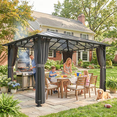 Outsunny 3 x 4 m Outdoor Hardtop Gazebo Canopy with PC Roof, Aluminium Permanent Pavilion Garden Gazebo with Curtains, Dark Grey
