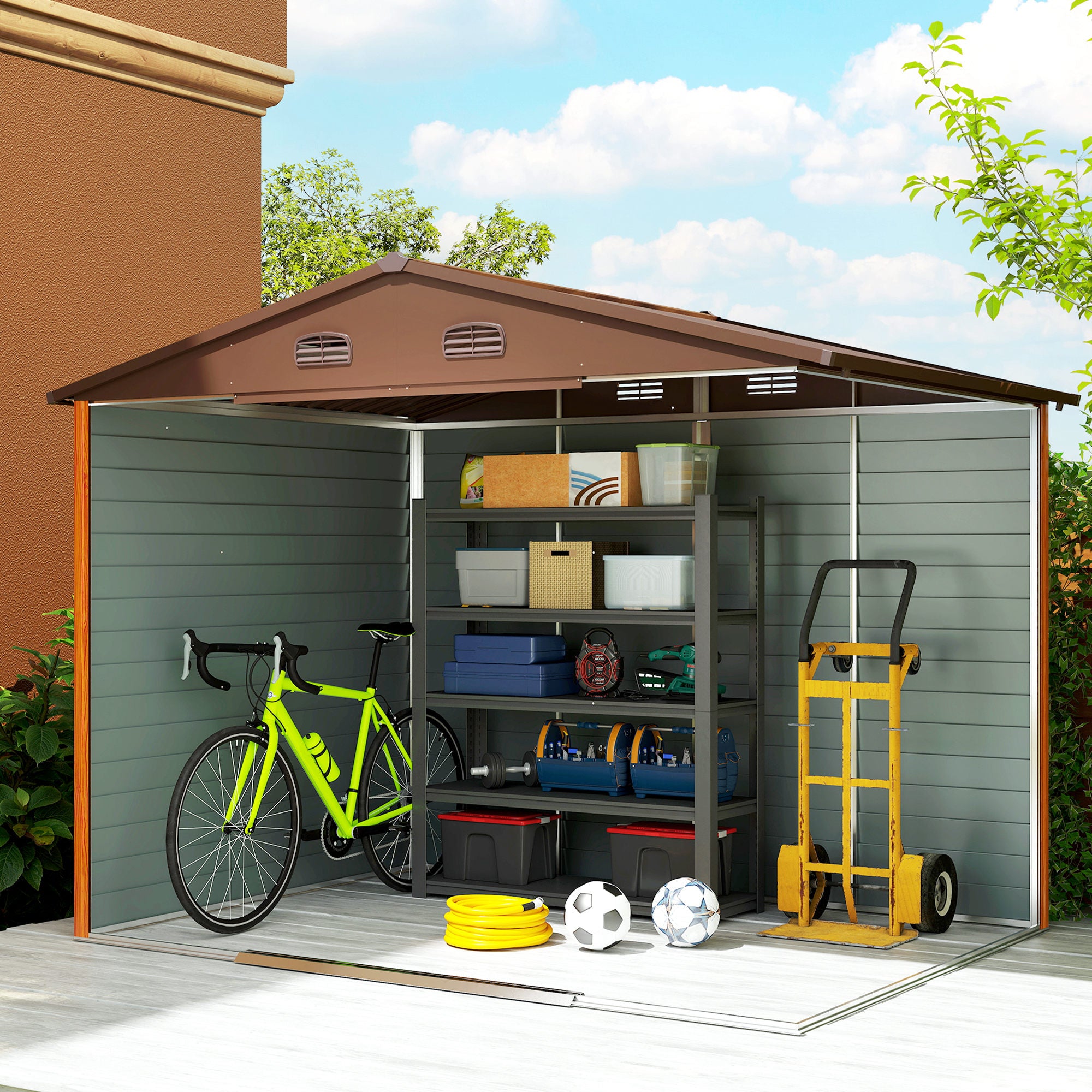 Outsunny 9 x 6ft Metal Garden Shed, House Hut Gardening Tool Storage with Ventilations, Sliding Door, Sloped Roof for Garden, Patio, Brown