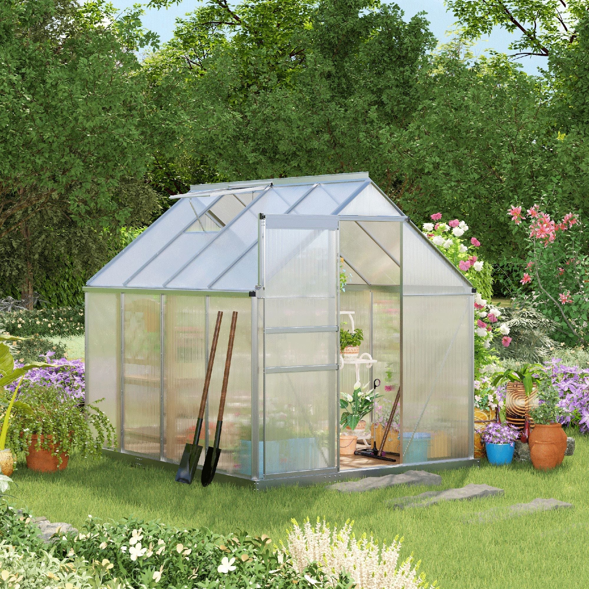 Outsunny 190 x 253 cm Walk-In Polycarbonate Greenhouse - Silver-Tone