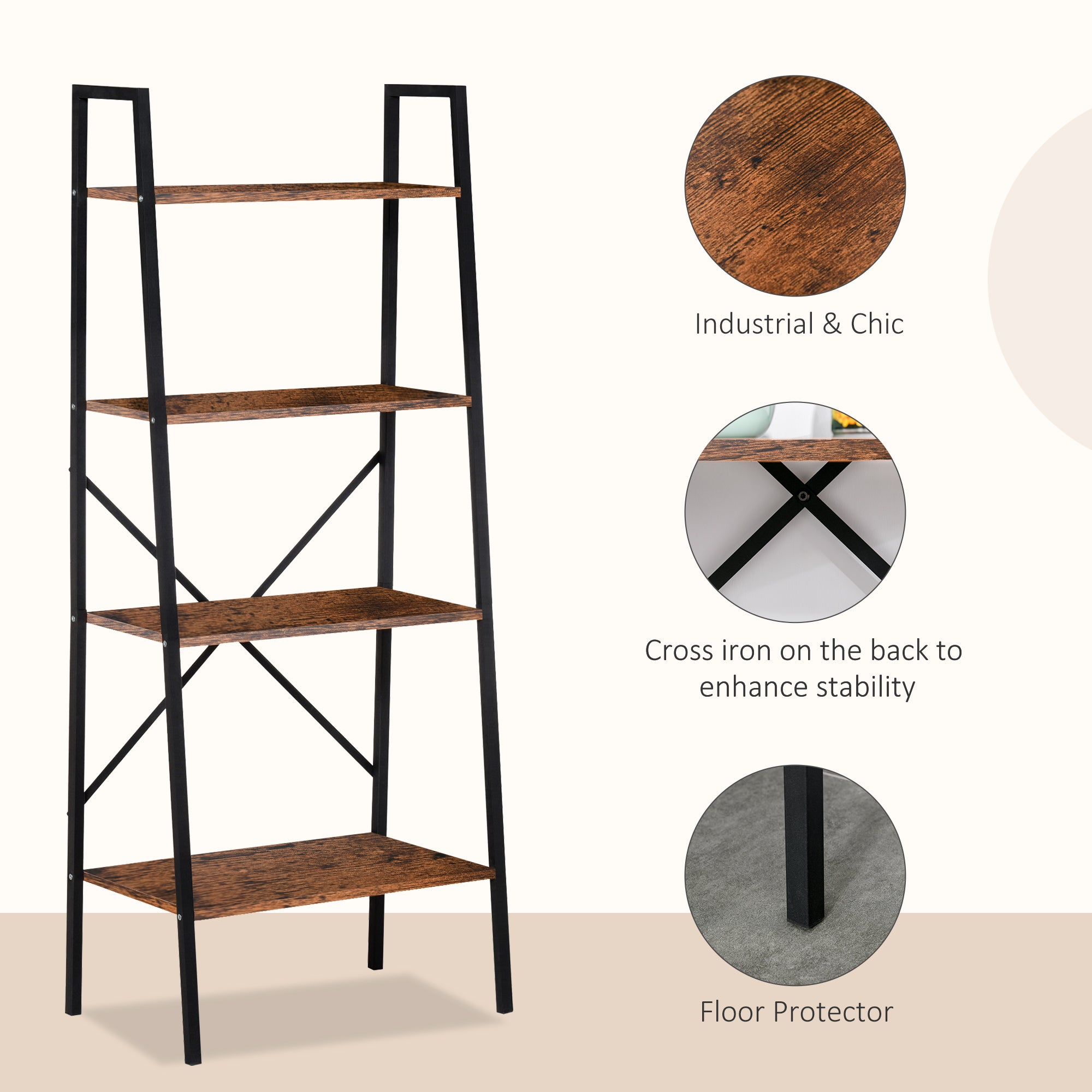 HOMCOM Ladder Shelf, Bookshelf, 4-Tier Industrial Storage Rack for Living Room, Bedroom, Kitchen, Rustic Brown and Black
