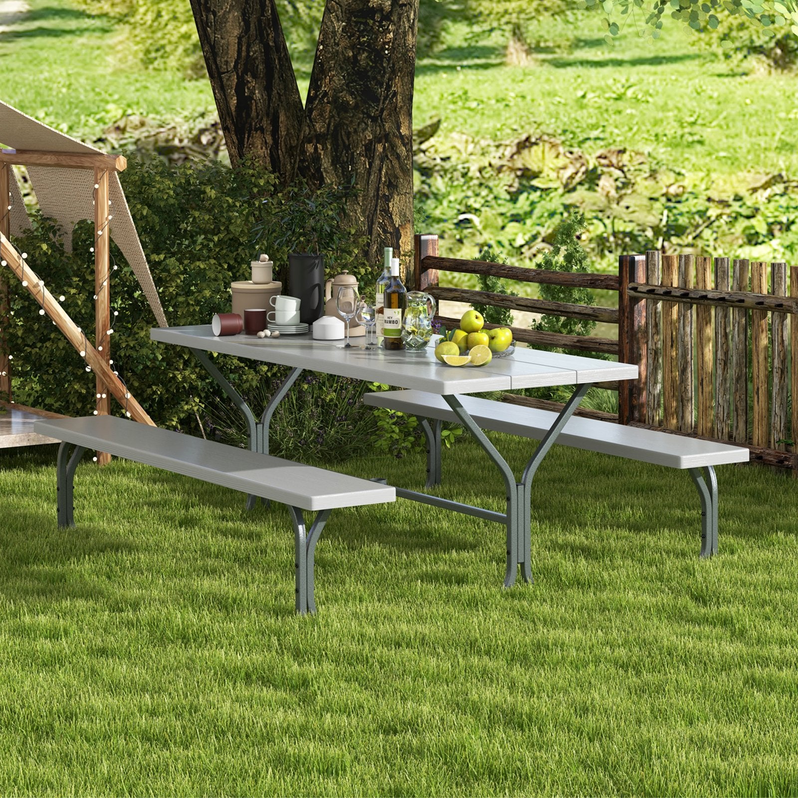 183 cm Picnic Table Bench Set with Umbrella Hole for Patio Garden Yard Poolside Party-Grey