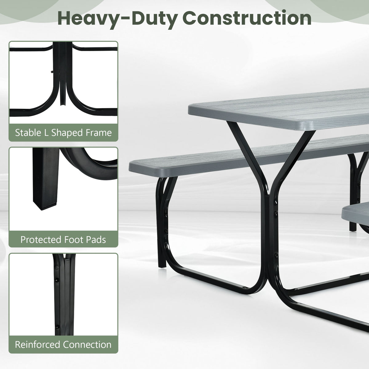 Picnic Table Bench Set with Metal Base Wood for Outdoor-Grey