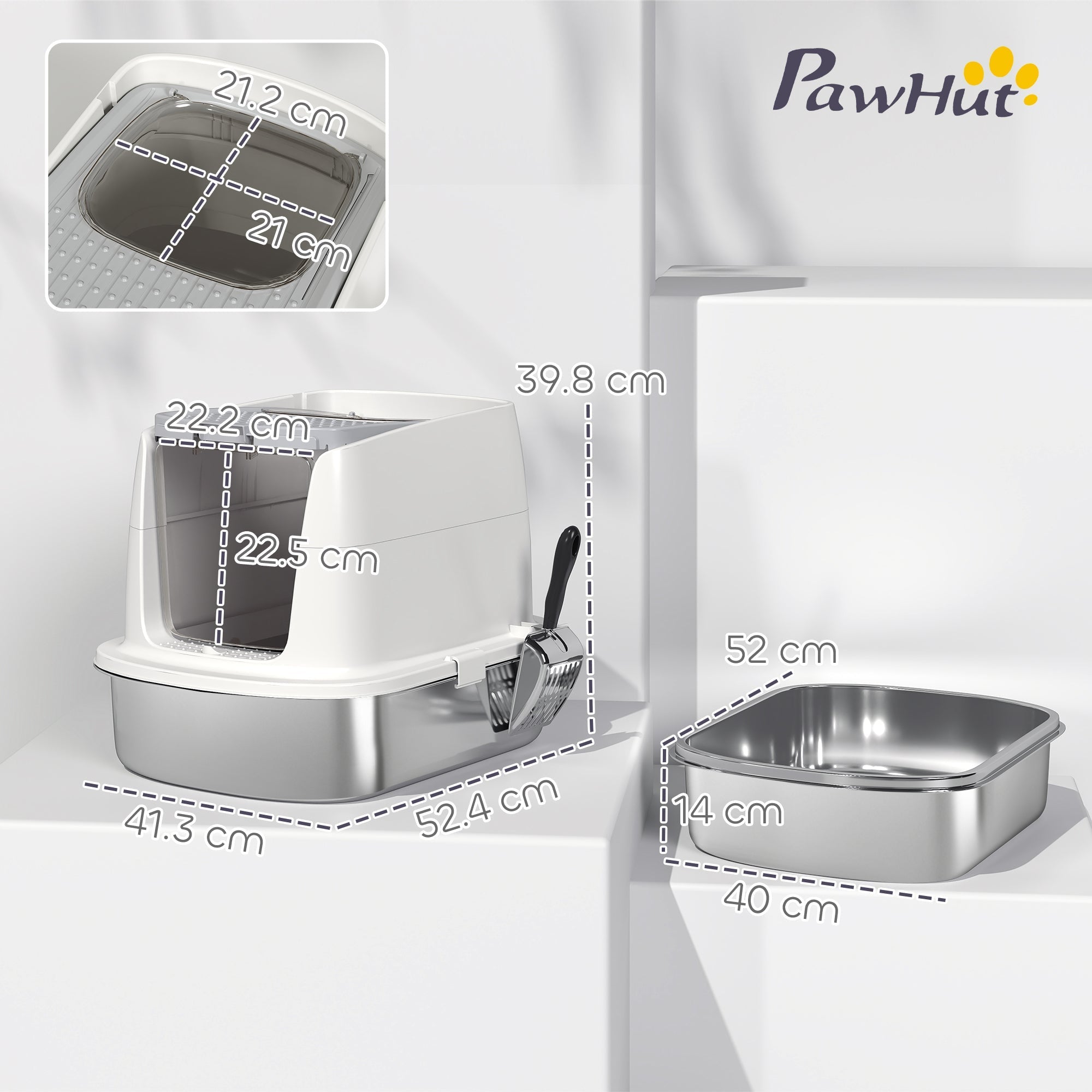 PawHut Large Stainless Steel Litter Box, Enclosed Metal Cat Litter Tray with Scoop, Deodoriser Bag, Front-Entry and Top-Exit