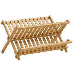HOMCOM Kitchen Storage Unit, 2-Tier Foldable Kitchen Storage Rack with Slatted Draining Shelves, Natural Wood Finish