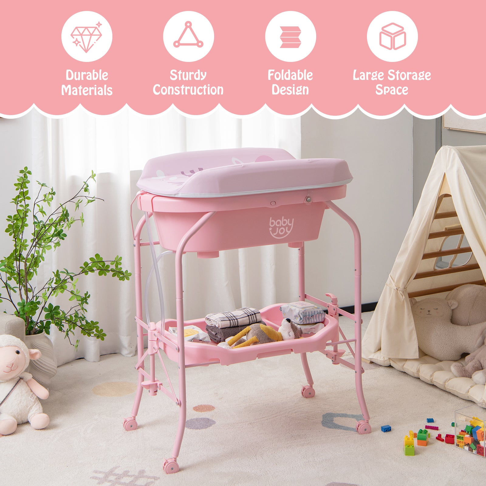 2-in-1 Baby Change Table with Bathtub and Folding Changing Station-Pink