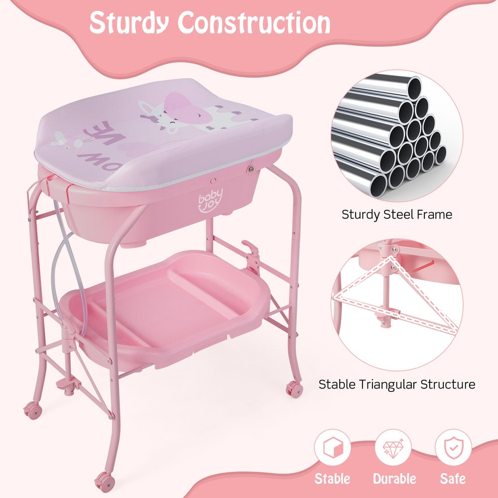 Close up of the sturdy steel frame and triangular structure of the pink changing table