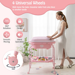 Woman using the pink baby change table with bathtub, showing the wheels