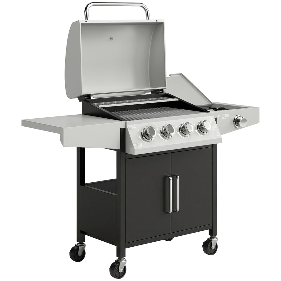 Outsunny 4+1 Burner Gas BBQ Grill with Side Burner, 50000 BTU Steel Portable Gas Barbecue Grill with Built-in Thermometer, Lid