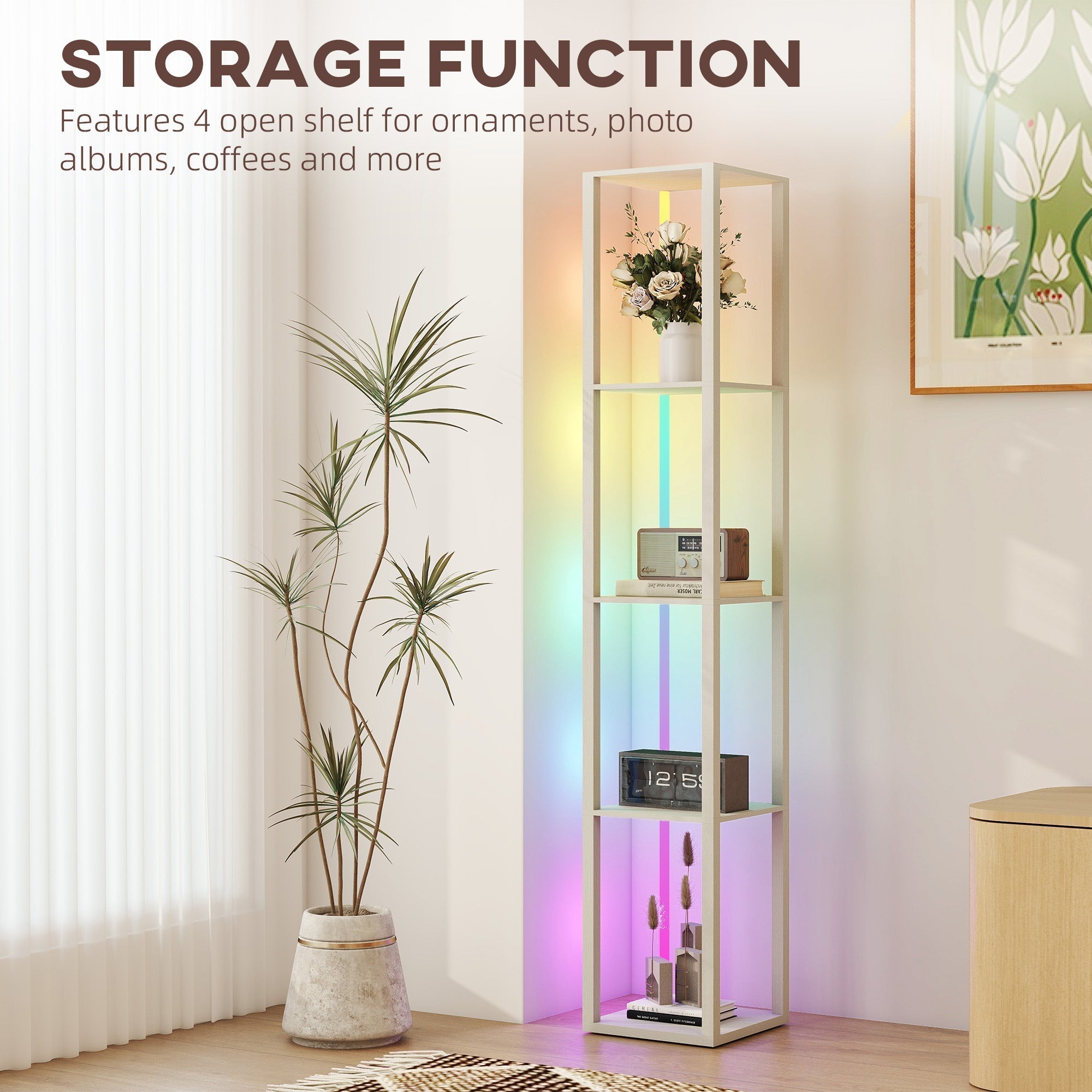 HOMCOM RGB LED Floor Lamp with Shelves, Modern Dimmable Standing Lamp with Remote Control, Adjustable Brightness & Speed for Living Room, Bedroom, Office, Oak