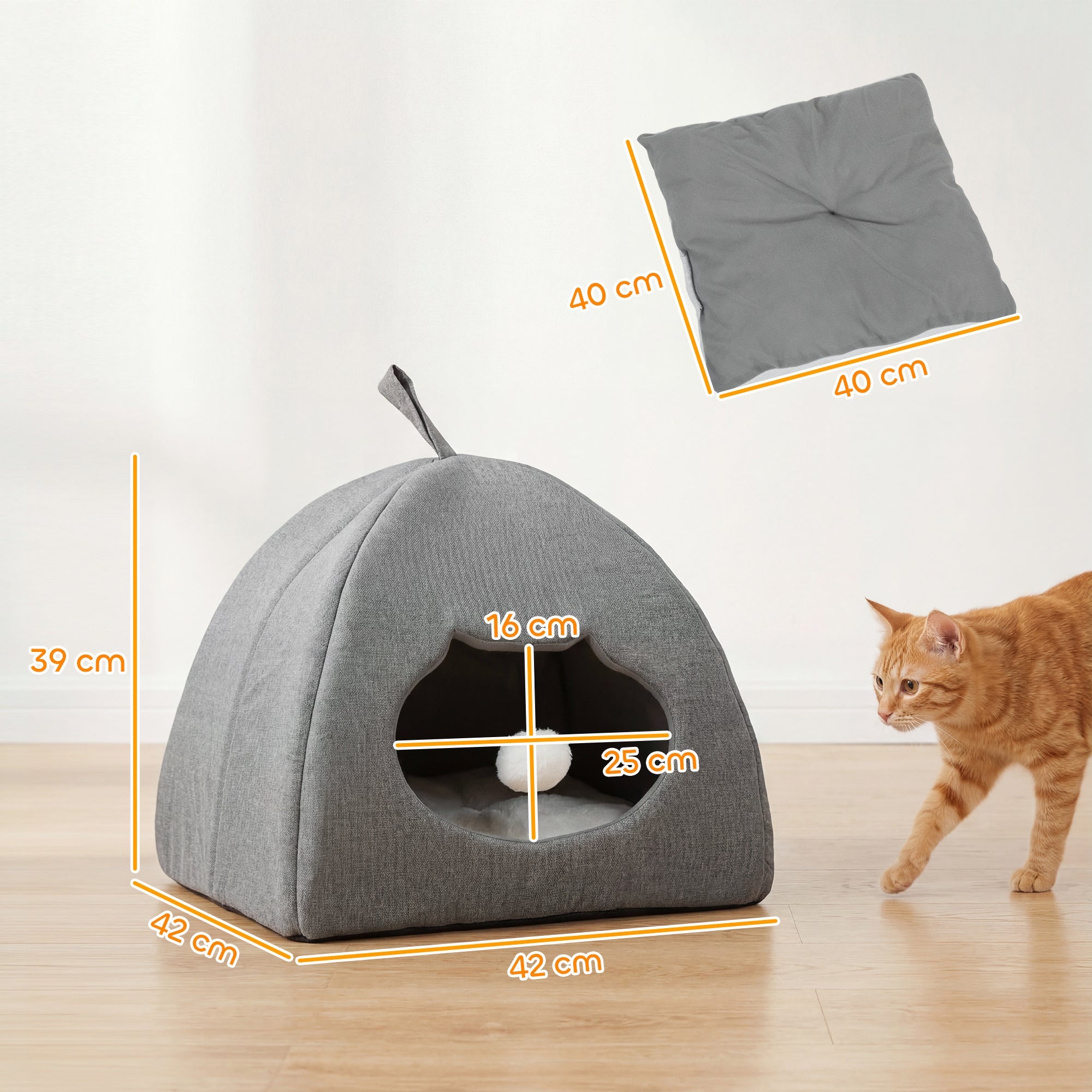 PawHut Cat Cave Bed for Indoor Kittens, Cat House with Removable Cushion and Teaser Ball, Kitty Igloo with Anti-Slip Base, 42 x 42 x 39 cm, Grey