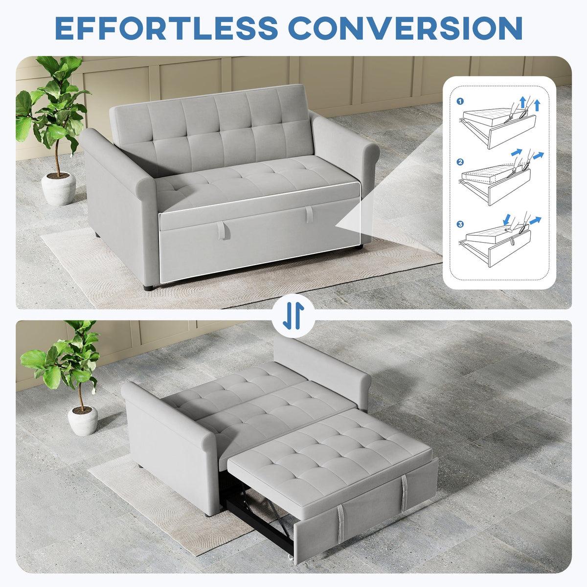 HOMCOM Two-Seater Velvet-Feel Sofa Bed - Grey