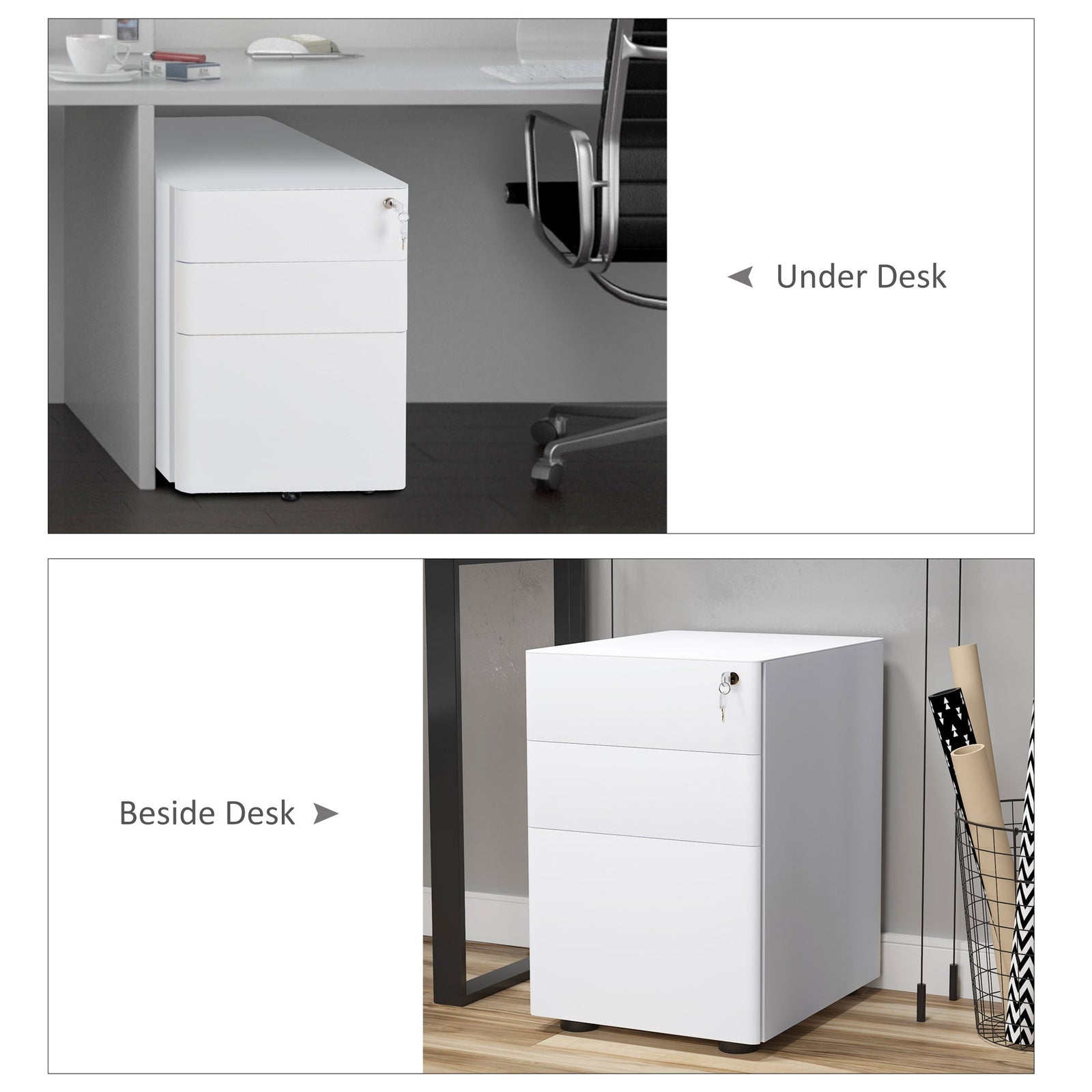 Vinsetto Lockable Cabinet, Rolling Filing Cabinet with 3 Drawers, Steel Office Drawer Unit for A4, Letter, Legal Sized Files-White