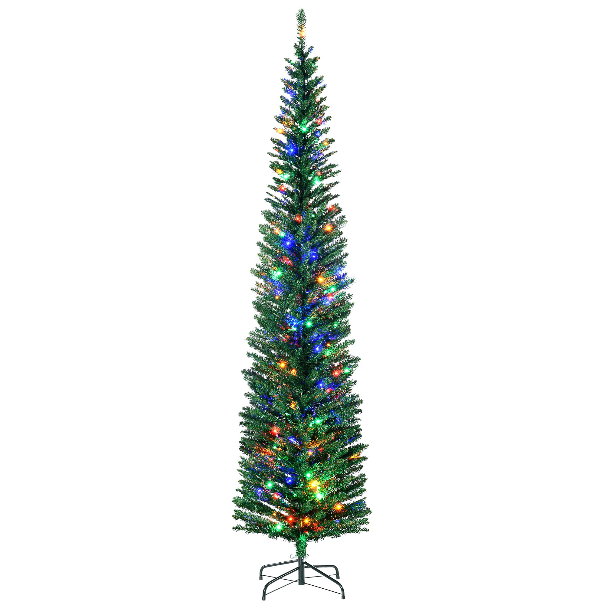 HOMCOM 7.5' Artificial Prelit Christmas Trees Holiday D√É¬©cor with Colourful LED Lights, Pencil Shape, Steel Base