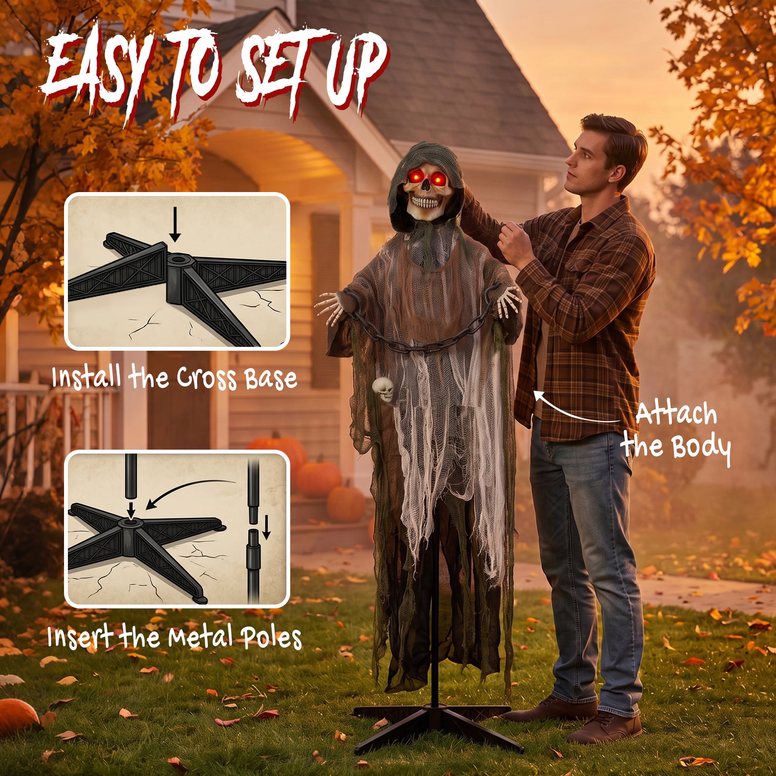 HOMCOM 170cm Animated Grim Reaper, Life-Size Halloween Animatronic with Moving Hands/Head, Glowing Eyes, Creepy Sound