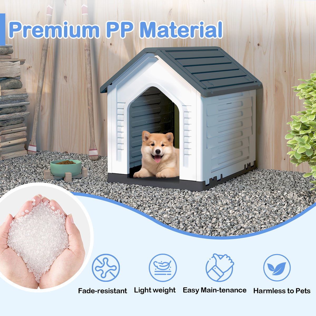 Plastic Dog House with Metal Lockable Door and Air Vents-Grey