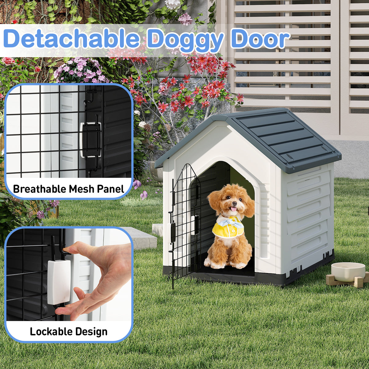 Plastic Dog House with Metal Lockable Door and Air Vents-Grey