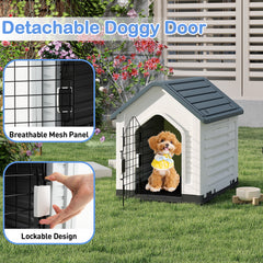 Plastic Dog House with Metal Lockable Door and Air Vents-Grey