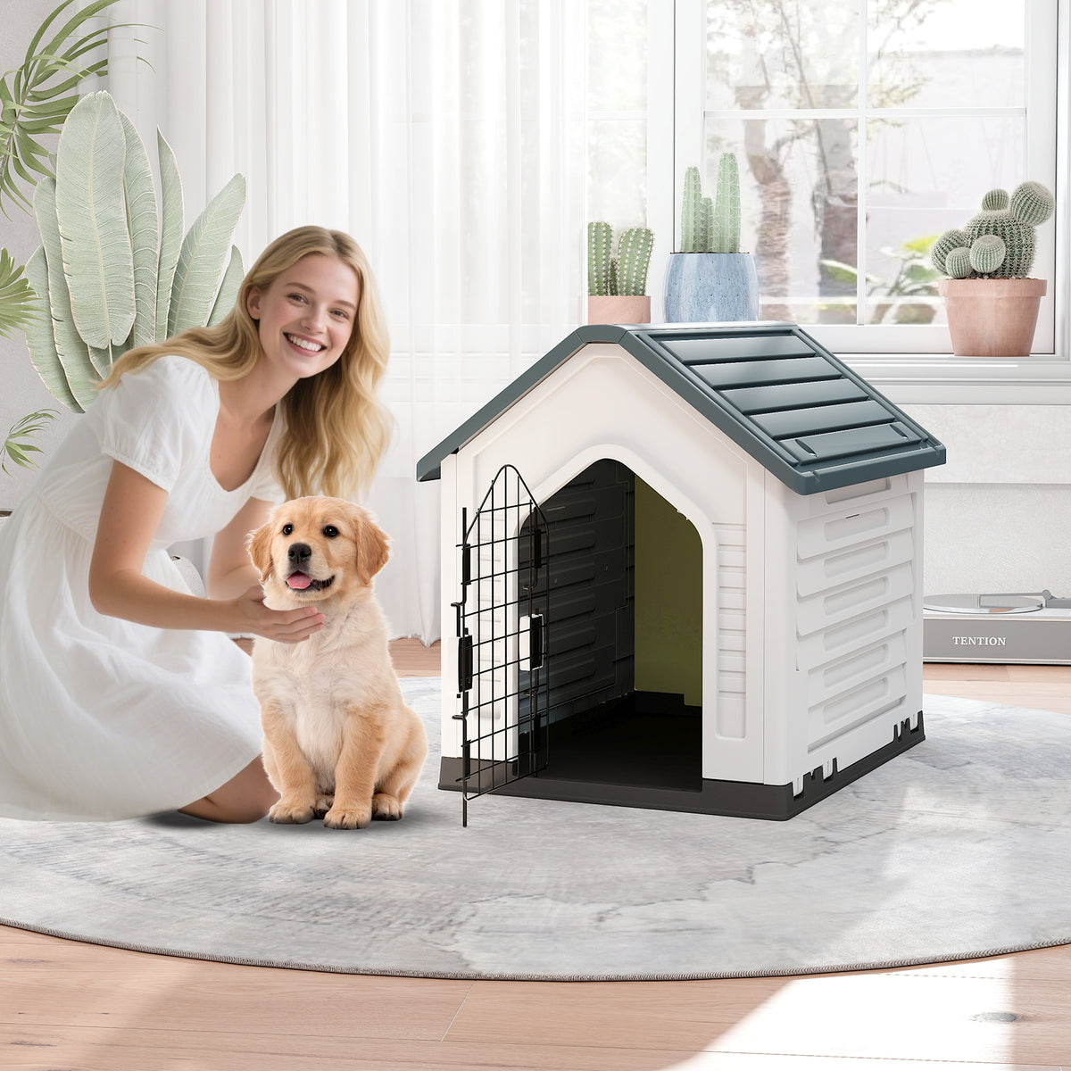 Plastic Dog House with Metal Lockable Door and Air Vents-Grey