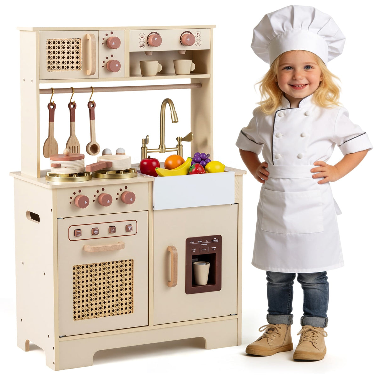 The wooden kitchen set standing next to a young child dressed in a white chefs outfit