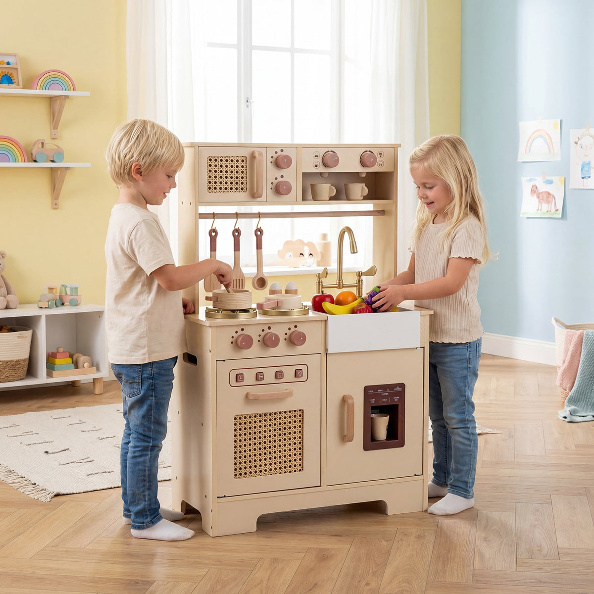 The wooden kitchen set being used by two children playing together in a bright room