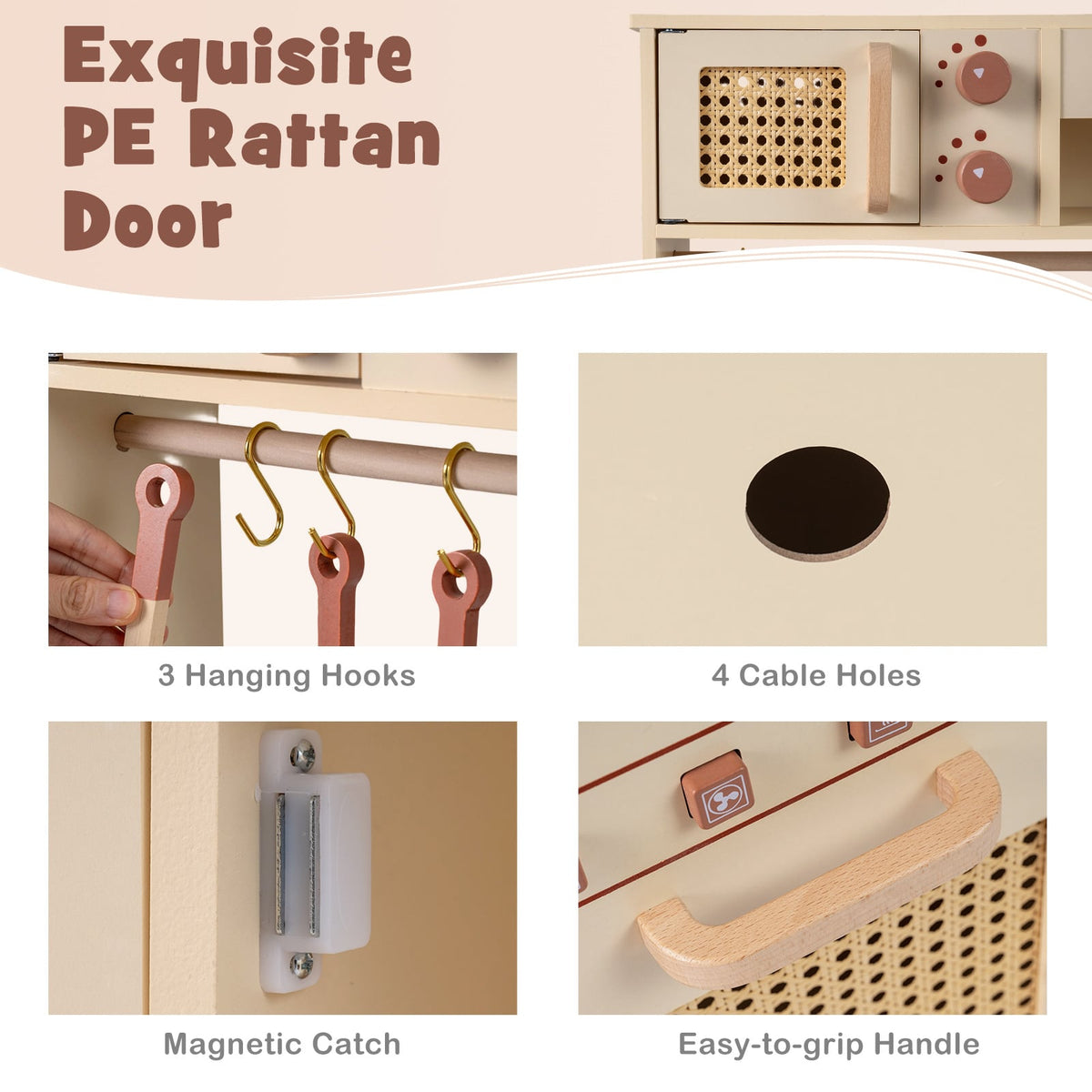 The wooden kitchen set showing close up details of the hooks handle and magnetic door