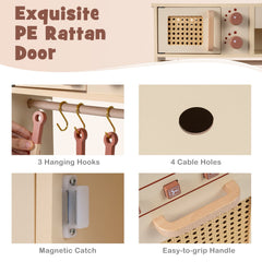 The wooden kitchen set showing close up details of the hooks handle and magnetic door