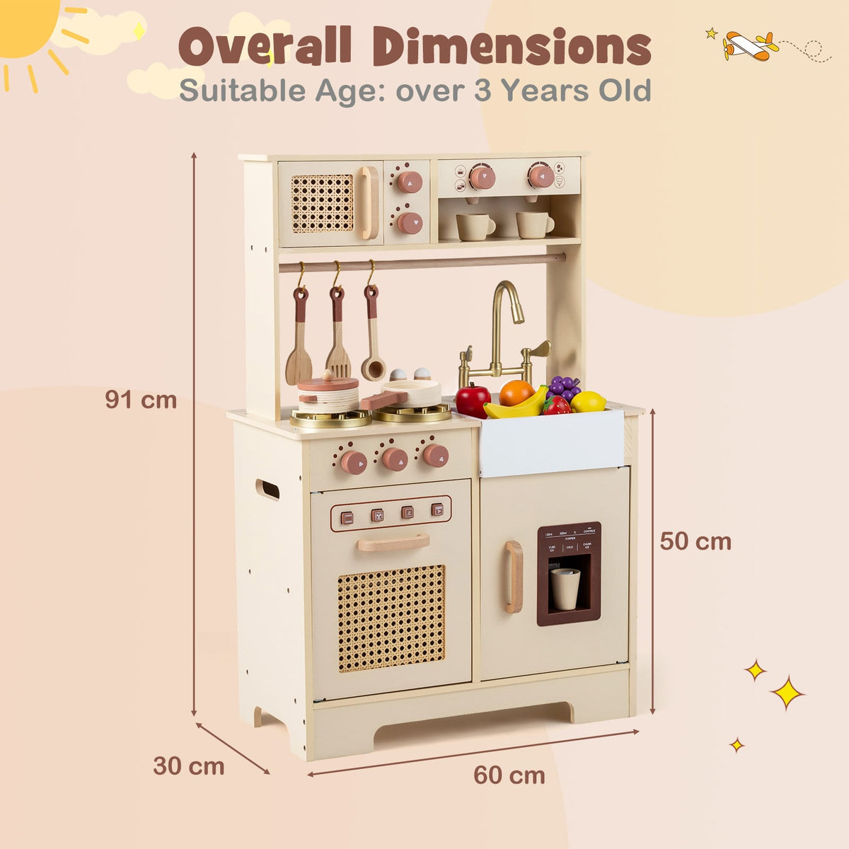 The wooden kitchen set with labels showing the height width and depth measurements