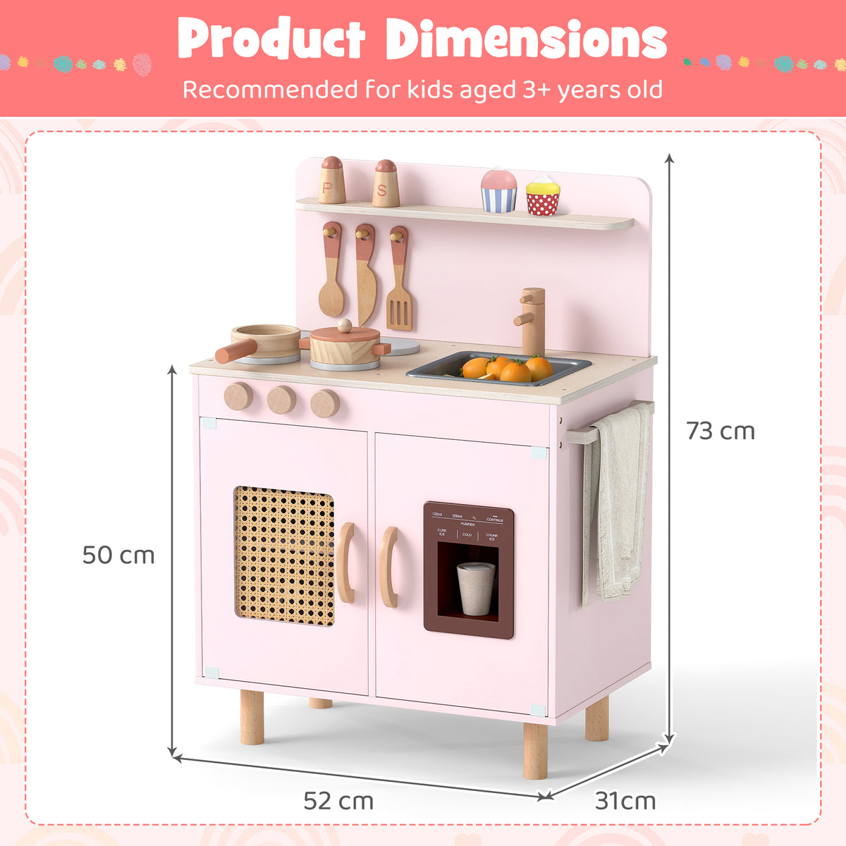 Play Kitchen for Kids with Realistic Ice Maker and Stove Cooking Toy Kitchen-Pink
