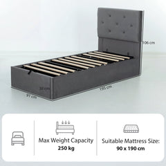 HOMCOM Single Bed Frame Gas Side Lift Under Bed Storage Upholstered Platform Bed Tufted Headboard for 90 x 190 cm Mattress