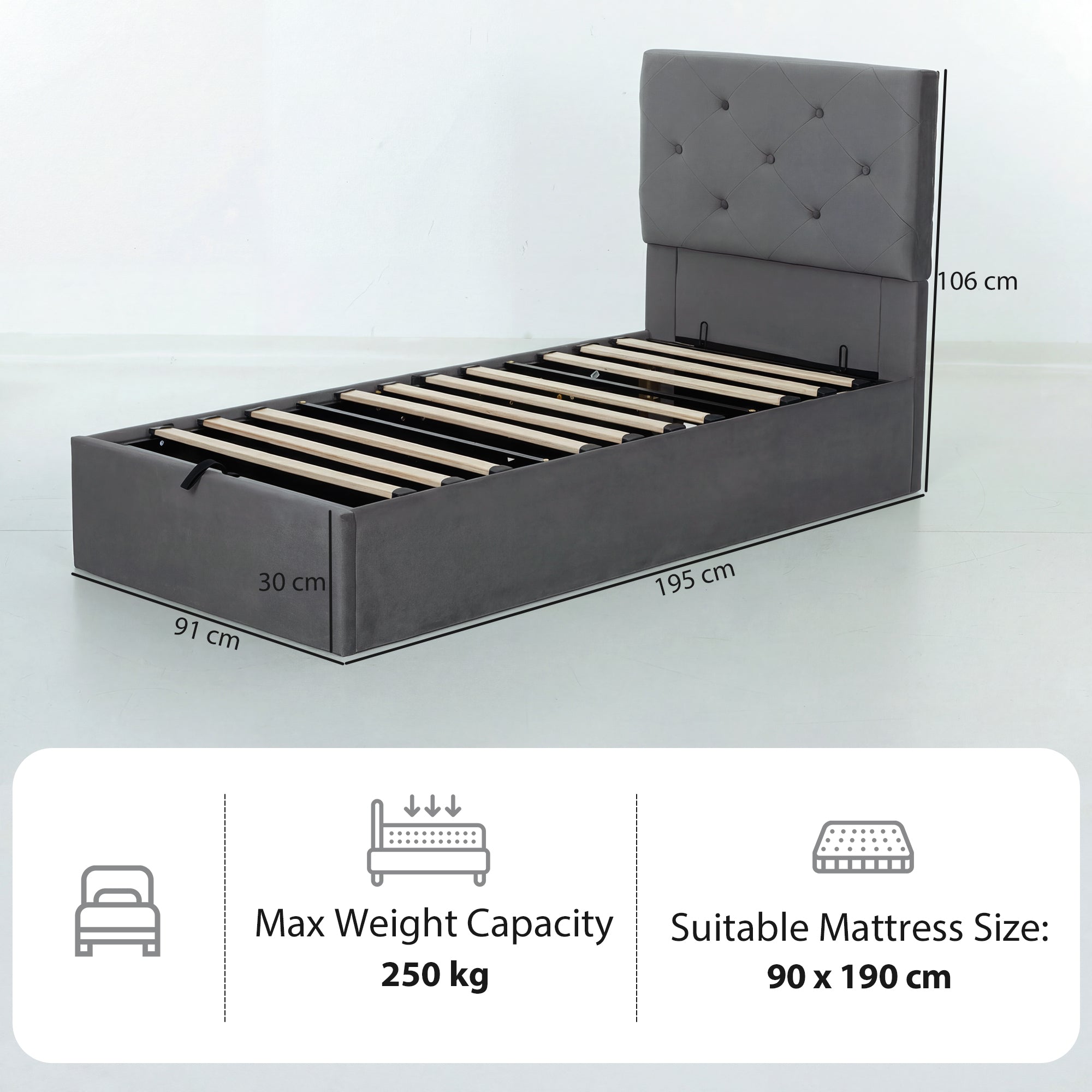 HOMCOM Single Bed Frame Gas Side Lift Under Bed Storage Upholstered Platform Bed Tufted Headboard for 90 x 190 cm Mattress