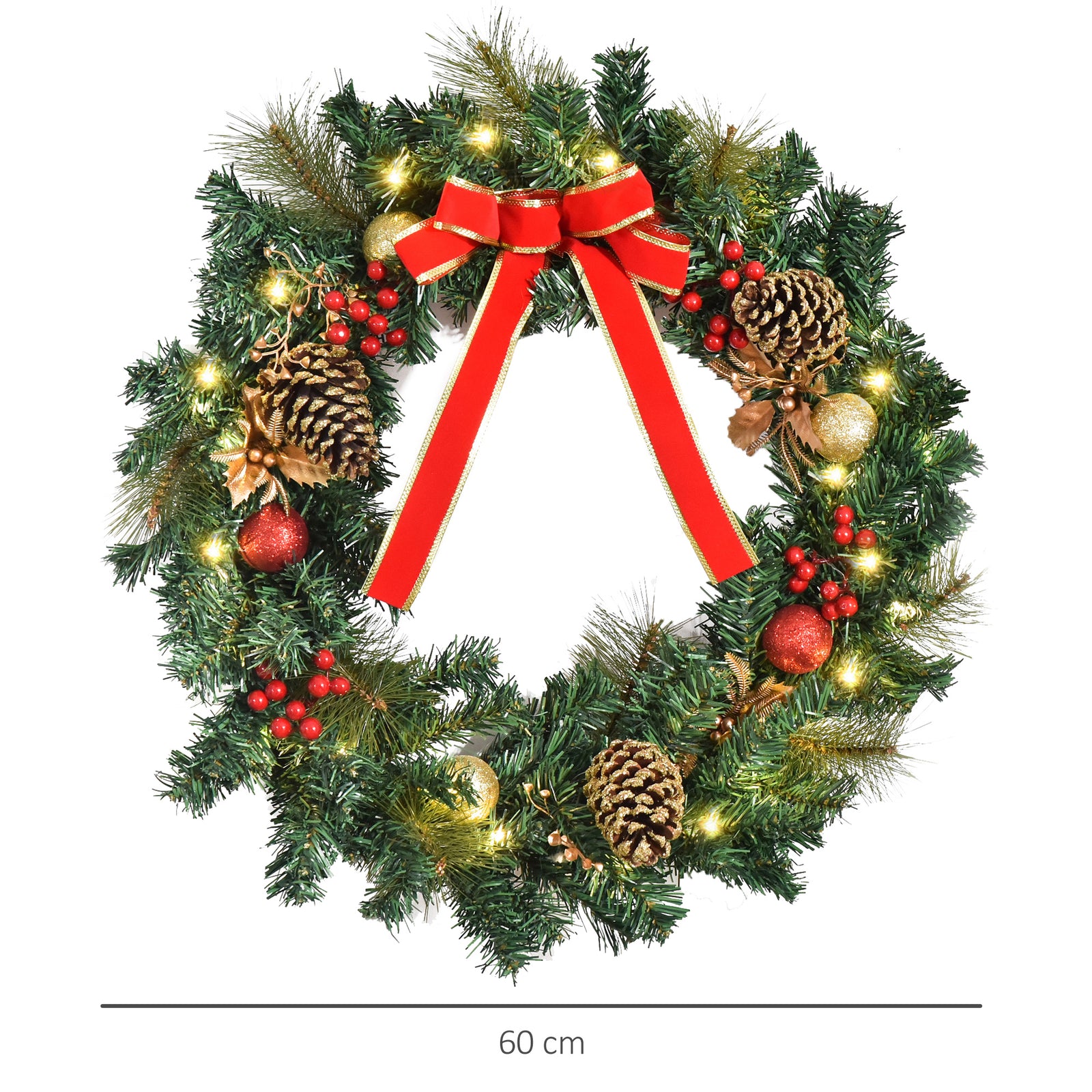 HOMCOM 60cm Pre-Lit Artificial Christmas Door Wreath Holly LED Decor Pine Cones Hanging Glittered Festival Indoor Decoration