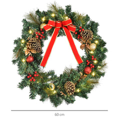 HOMCOM 60cm Pre-Lit Artificial Christmas Door Wreath Holly LED Decor Pine Cones Hanging Glittered Festival Indoor Decoration