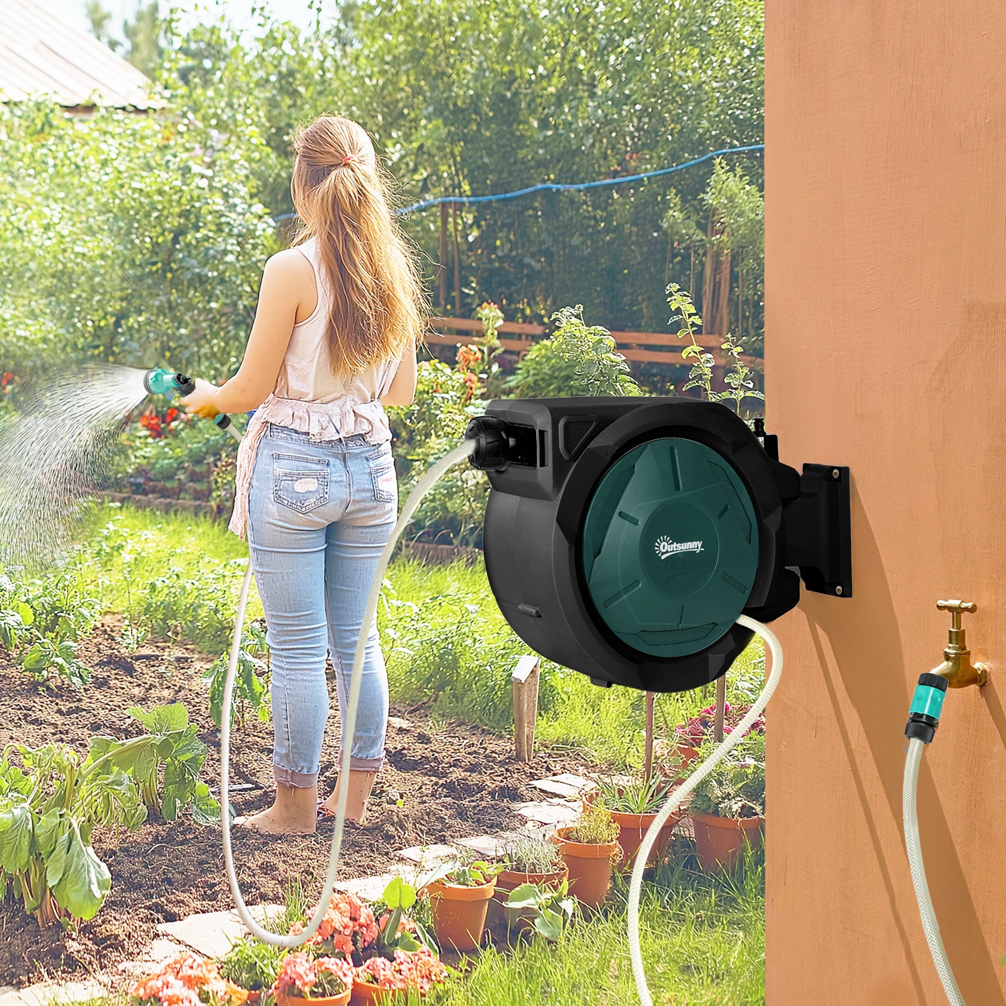 Outsunny Retractable Hose Reel Wall Mounted, 30+2m Garden Hose Pipe Reel with Lock, Auto Rewind, 7 in 1 Spray Nozzle, Includes Wall Fixings, 180Â° Swivel, Outdoor Watering, 59 x 23 x 42 cm, Green