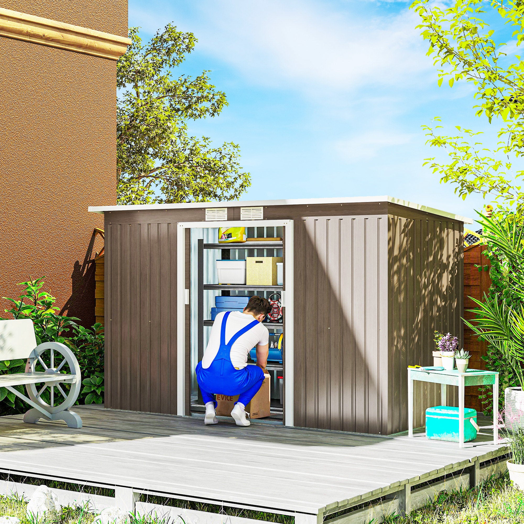 Outsunny 4 x 9ft Metal Shed, with Foundation Shed - Brown